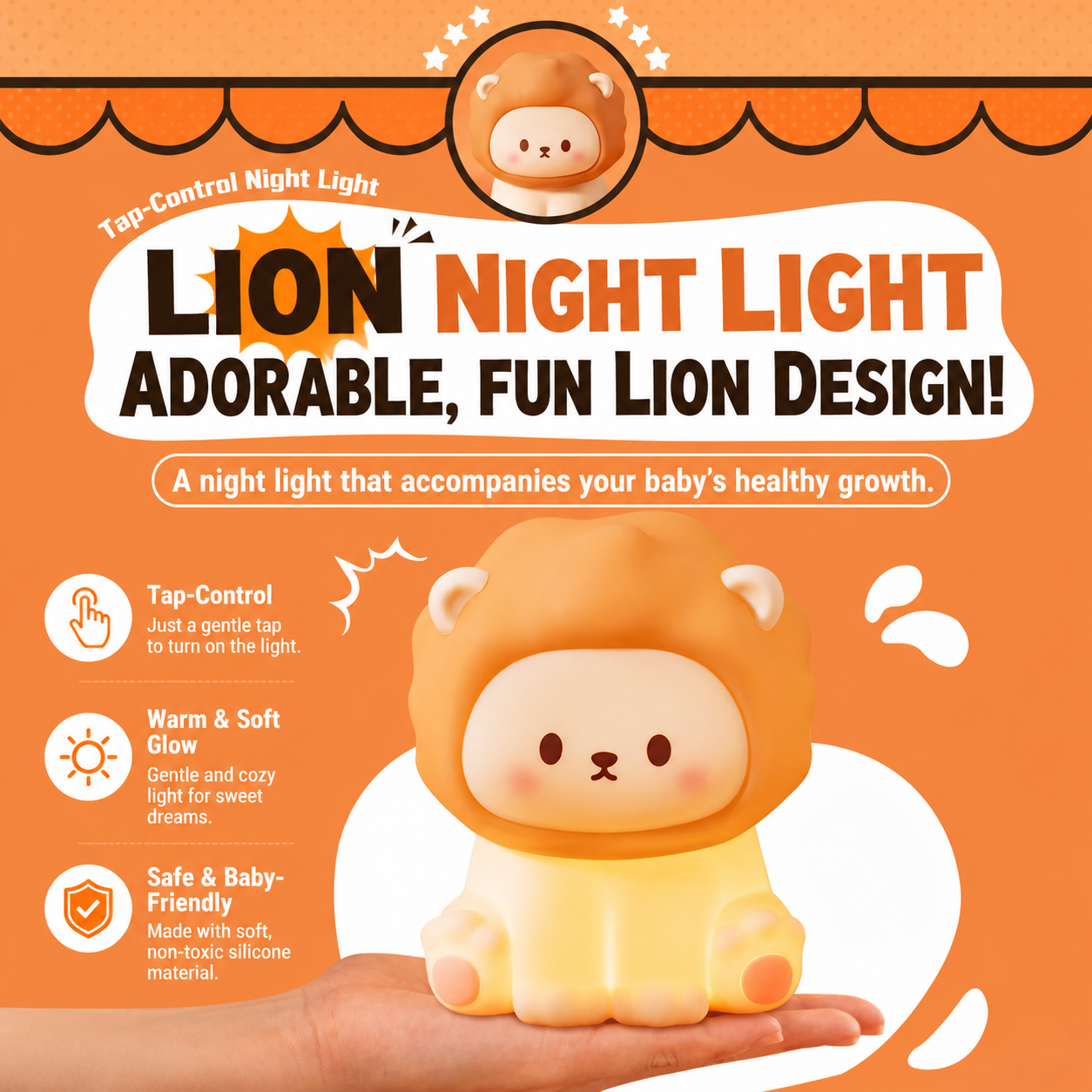 Lion Night Light glowing warmly in a cute orange product ad, highlighting tap control, soft glow, and safe baby-friendly silicone material.