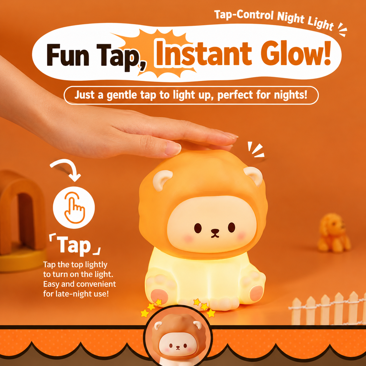 Lion Night Light glowing warmly as a hand taps the top to activate the light for easy nighttime use.