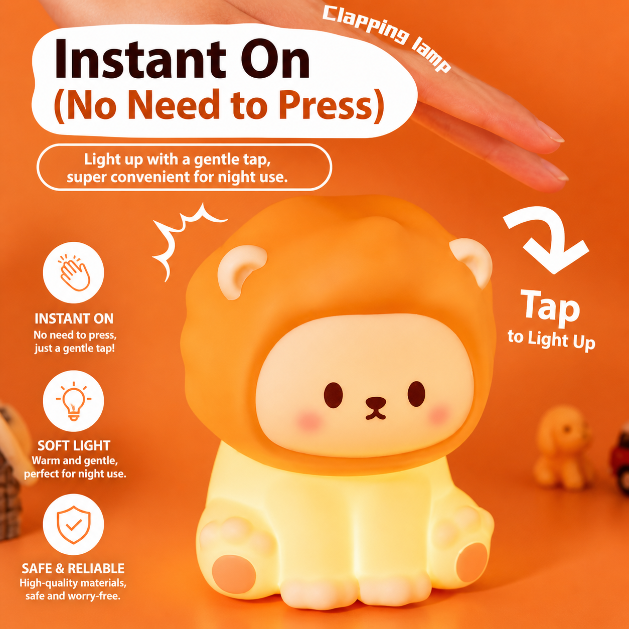 Lion Night Light glowing warmly with instant-on tap control, soft light, and safe reliable materials for easy nighttime use.
