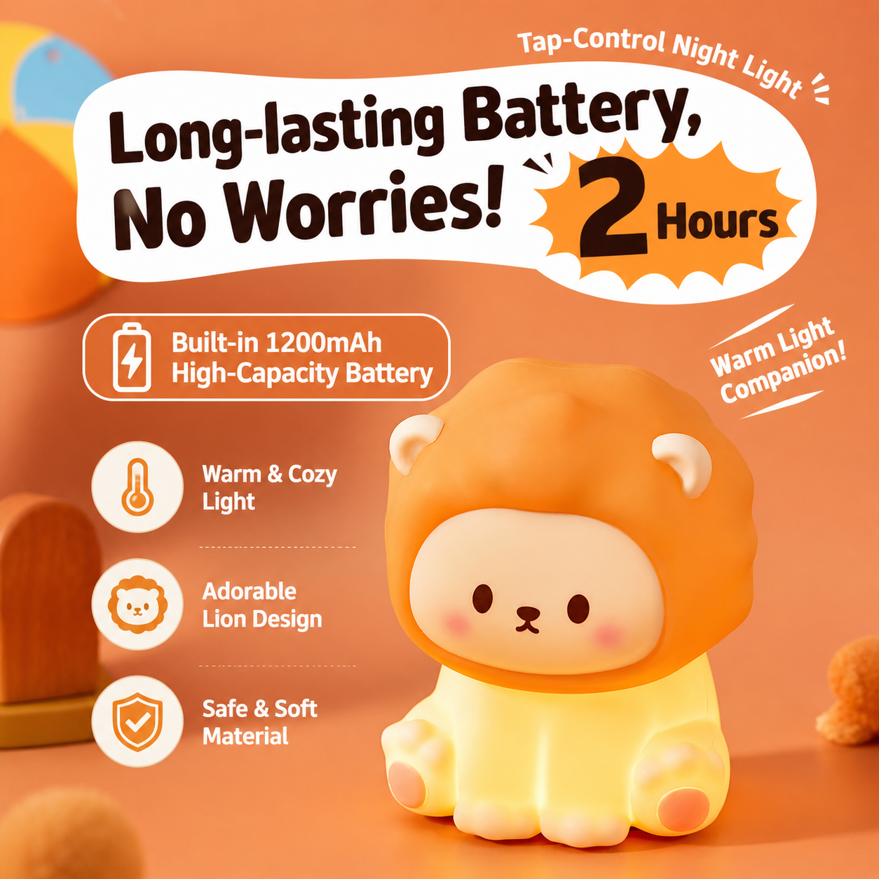Lion Night Light glowing warmly with text highlighting its long-lasting 1200mAh battery, warm cozy light, adorable lion design, and soft safe material.
