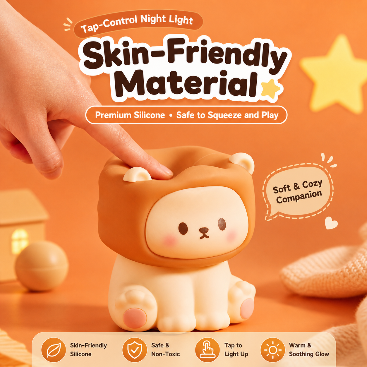 Lion Night Light being pressed to show its soft skin-friendly silicone material, safe non-toxic design, tap control, and warm soothing glow.