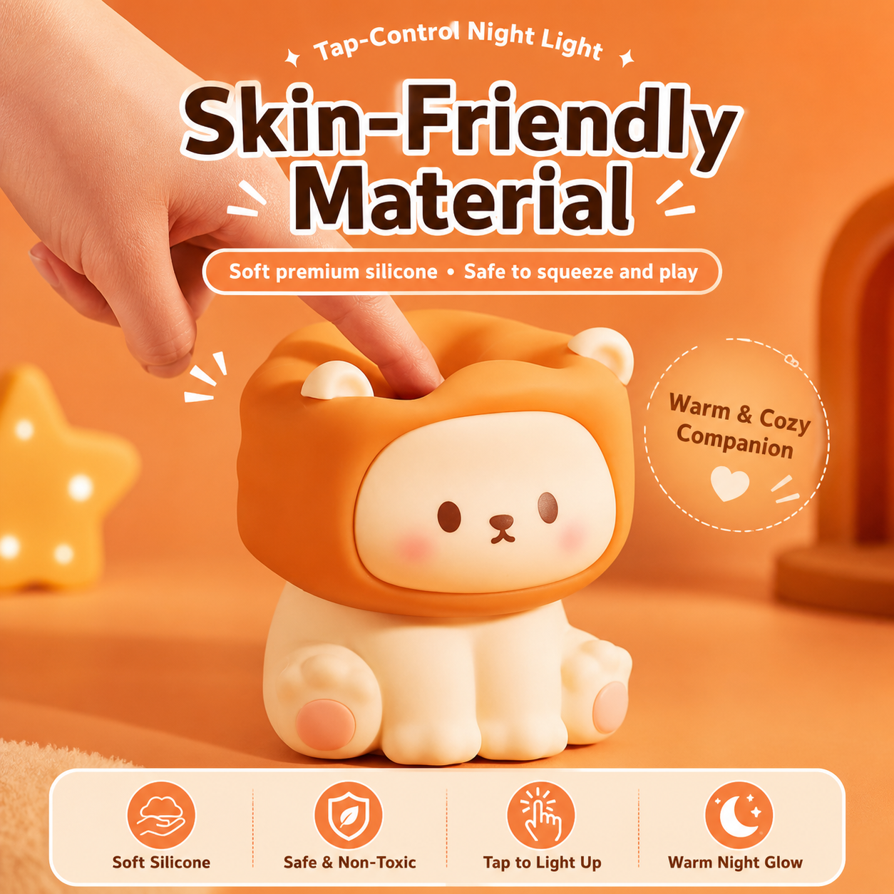 Lion Night Light being gently pressed to show its soft skin-friendly silicone material, tap control, and warm cozy glow.