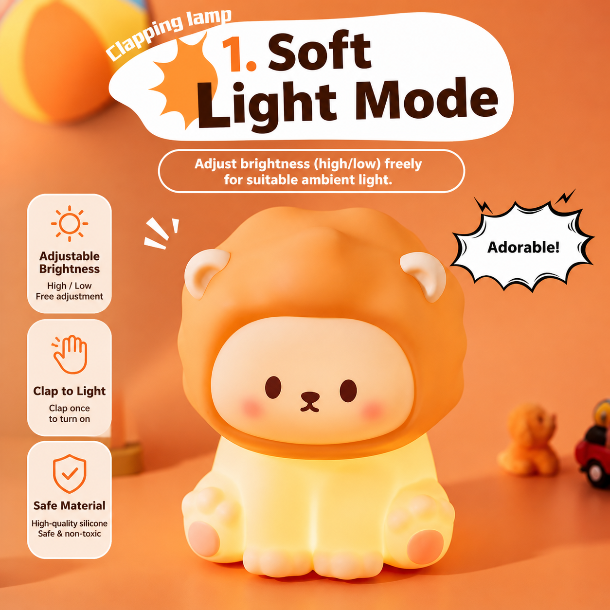 Lion Night Light glowing in soft light mode with adjustable brightness, clap-to-light control, and safe silicone material features.