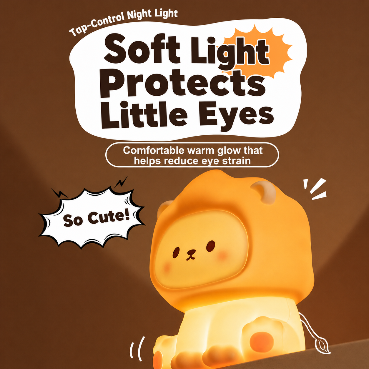 Lion Night Light glowing with soft warm light designed to protect little eyes and create a cozy bedtime atmosphere.