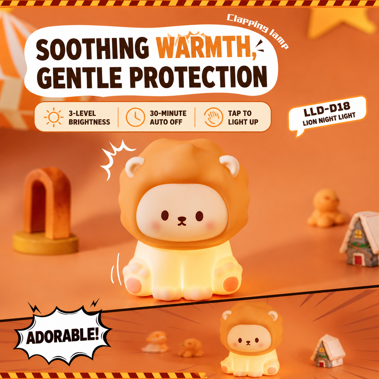 Lion Night Light glowing warmly in an orange product ad highlighting soothing warmth, gentle protection, 3-level brightness, auto-off, and tap-to-light features.