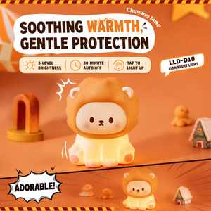 Lion Night Light glowing warmly in an orange product ad highlighting soothing warmth, gentle protection, 3-level brightness, auto-off, and tap-to-light features.