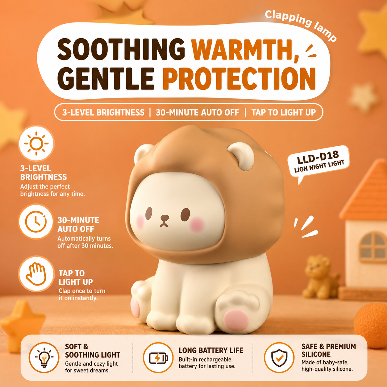Lion Night Light product ad highlighting soothing warmth, gentle protection, 3-level brightness, 30-minute auto-off, tap-to-light control, long battery life, and safe silicone material.