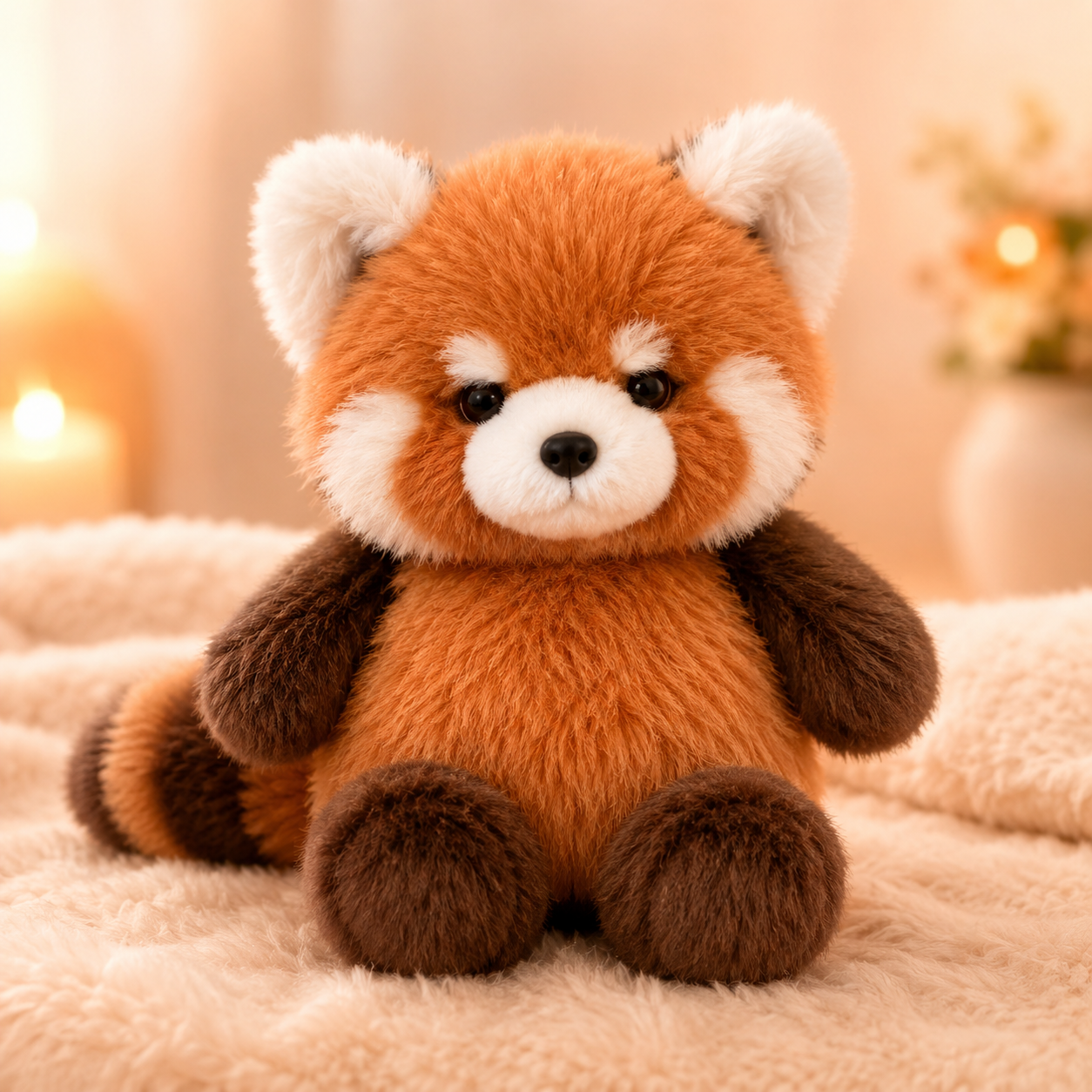 Maple Zoomies red panda plush sitting on a cozy bed with warm lighting, showing a soft orange stuffed animal for cuddles, comfort, and playful decor