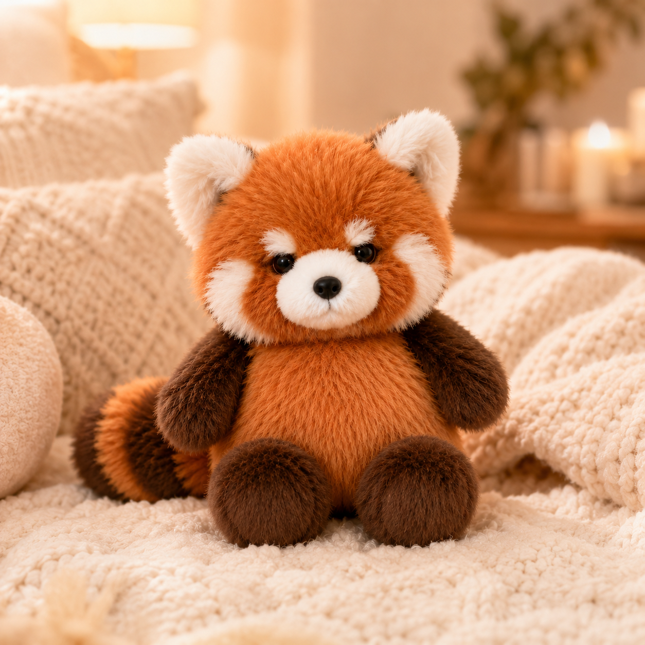 Maple Zoomies red panda plush sitting on a soft blanket in a warm cozy bedroom setting, perfect for cuddles, comfort, and cute room decor