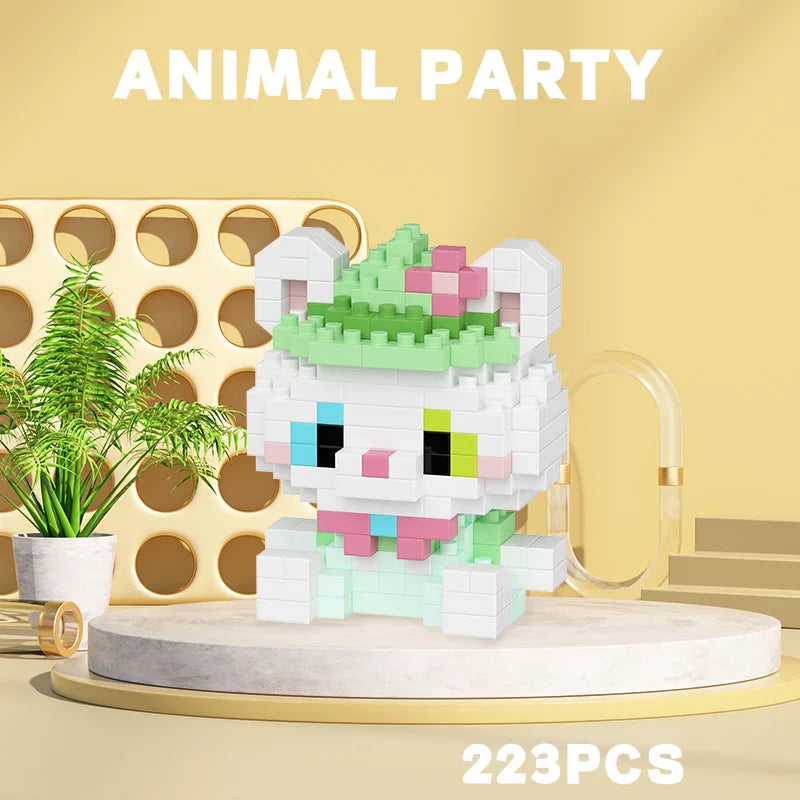 Mini pastel animal building block toy with flower hat, cute aesthetic desk decor and gift for kids