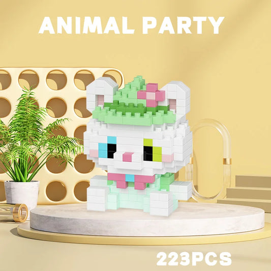 Mini pastel animal building block toy with flower hat, cute aesthetic desk decor and gift for kids