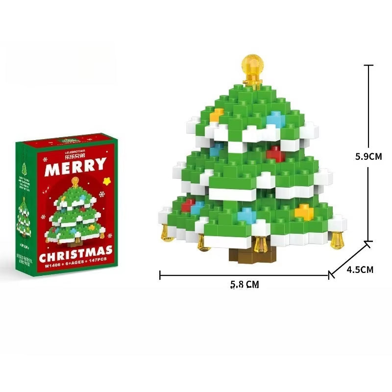 Mini Christmas tree building block set dimensions showing 5.9cm height with holiday gift box packaging