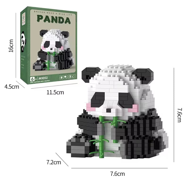 Mini panda building block set holding bamboo with size dimensions and gift box packaging for cute desk decor