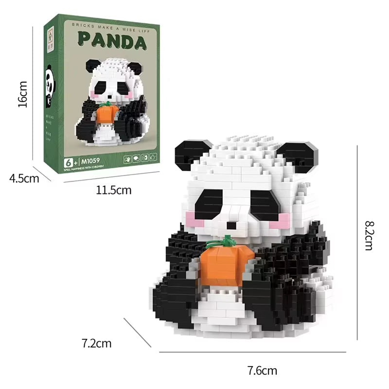 Mini panda building block set holding carrot with size dimensions and gift box packaging for cute desk decor
