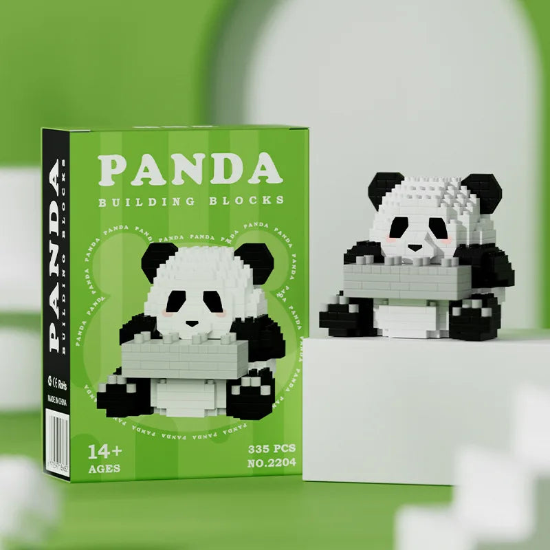 Mini panda building block set in a classic sitting pose with packaging box displayed, cute desk decor and gift idea