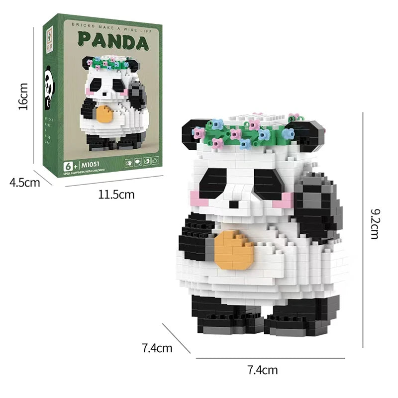 Mini panda building block set with flower crown holding a heart, cute aesthetic gift idea for kids and desk decor