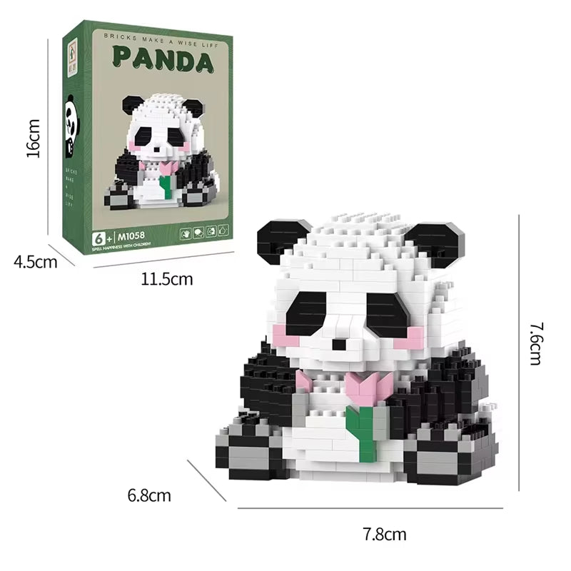 Mini panda building block set holding a pink flower with size dimensions and gift box, cute collectible desk decor