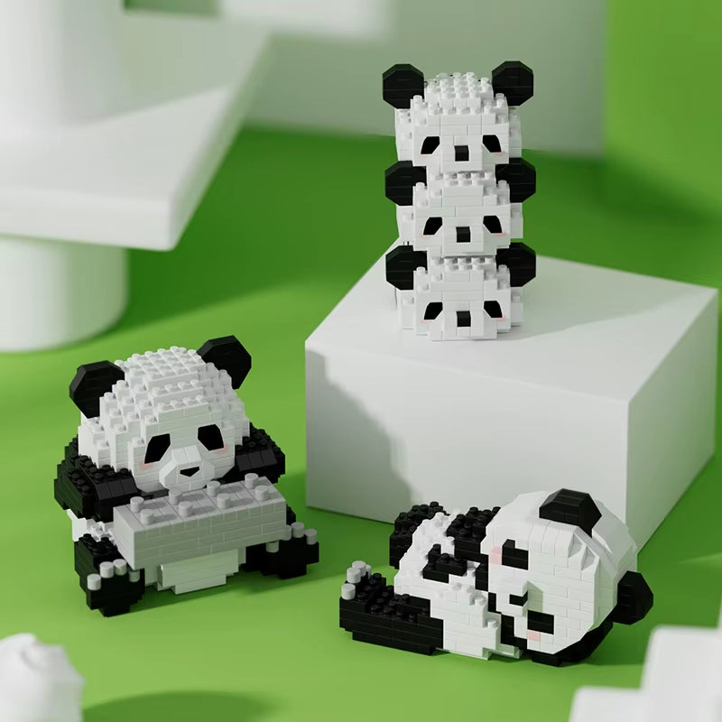 Mini panda building block set showing multiple cute poses and variants for creative display and desk decor.