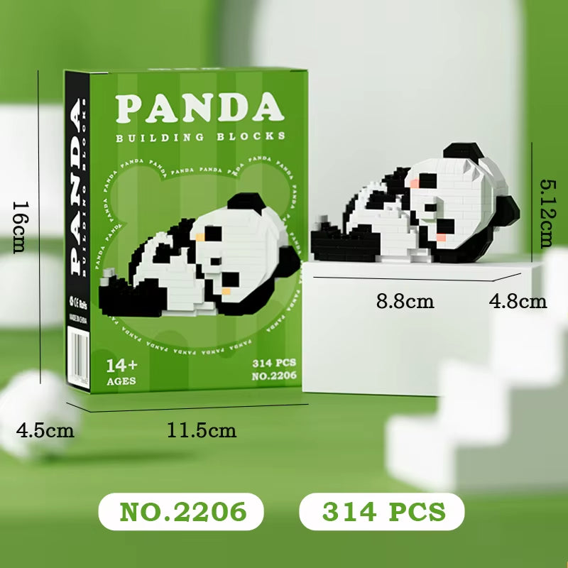 Mini panda building block set 314 pieces with size dimensions and gift box packaging for kids and decor