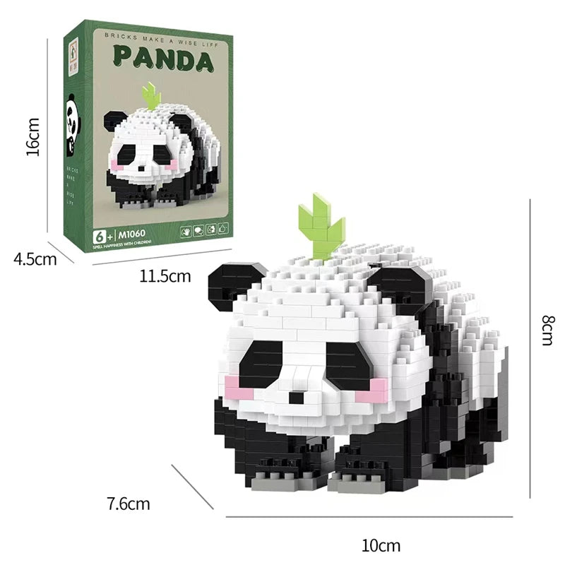 Mini panda building block set with a small leaf on its head, showing size dimensions and gift box, cute minimalist desk decor