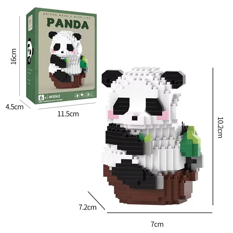 Mini panda building block set sitting in a basket holding bamboo with size dimensions and gift box, cute desk decor collectible