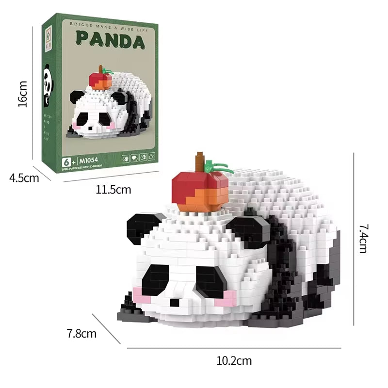 Mini panda building block set lying down with an apple on its head, with size dimensions and gift box, cute aesthetic desk decor