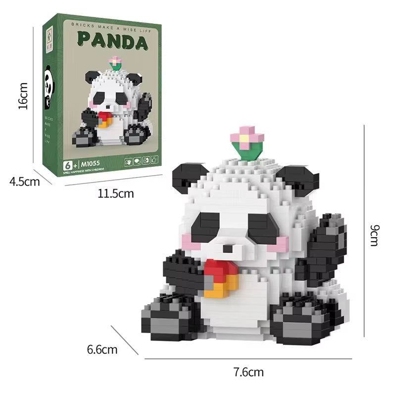 Mini panda building block set holding a snack with a flower on its head, with size dimensions and gift box, cute collectible toy.