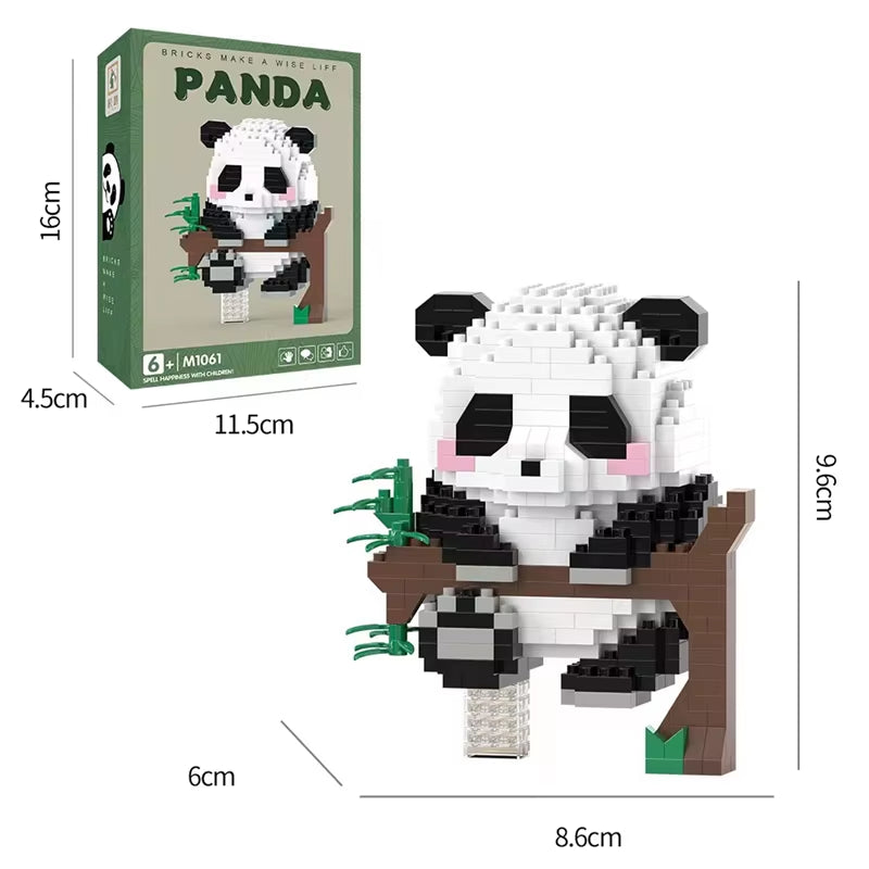 Mini panda building block set climbing a tree branch with bamboo, including size dimensions and gift box packaging for cute desk decor
