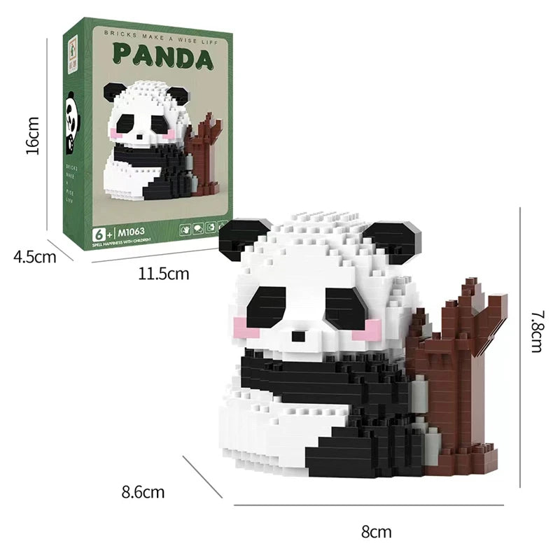 Mini panda building block set sitting next to a tree, cute relaxing desk decor and gift idea for kids and adults