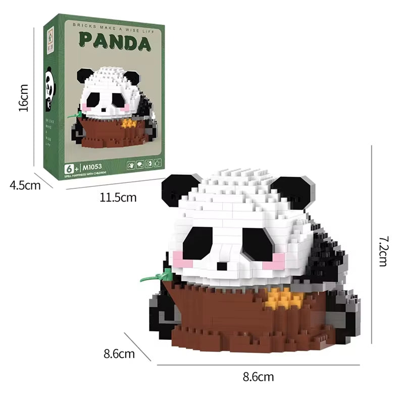 Mini panda building block set sitting on a tree log holding bamboo with size dimensions and gift box, cute collectible desk decor.
