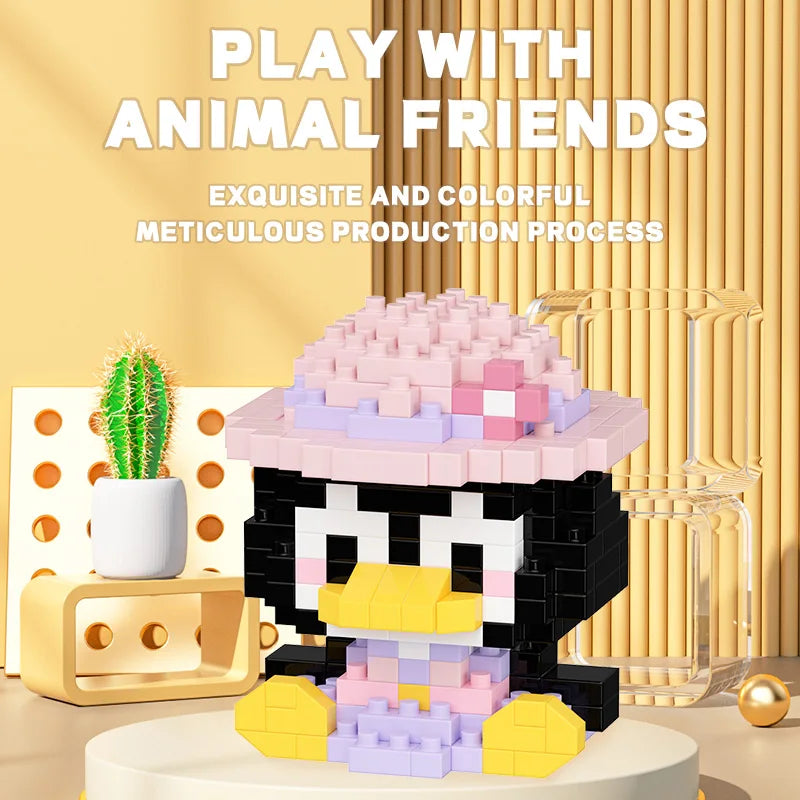 Mini penguin building block toy wearing a pastel hat, cute kawaii desk decor and gift idea for kids and collectors