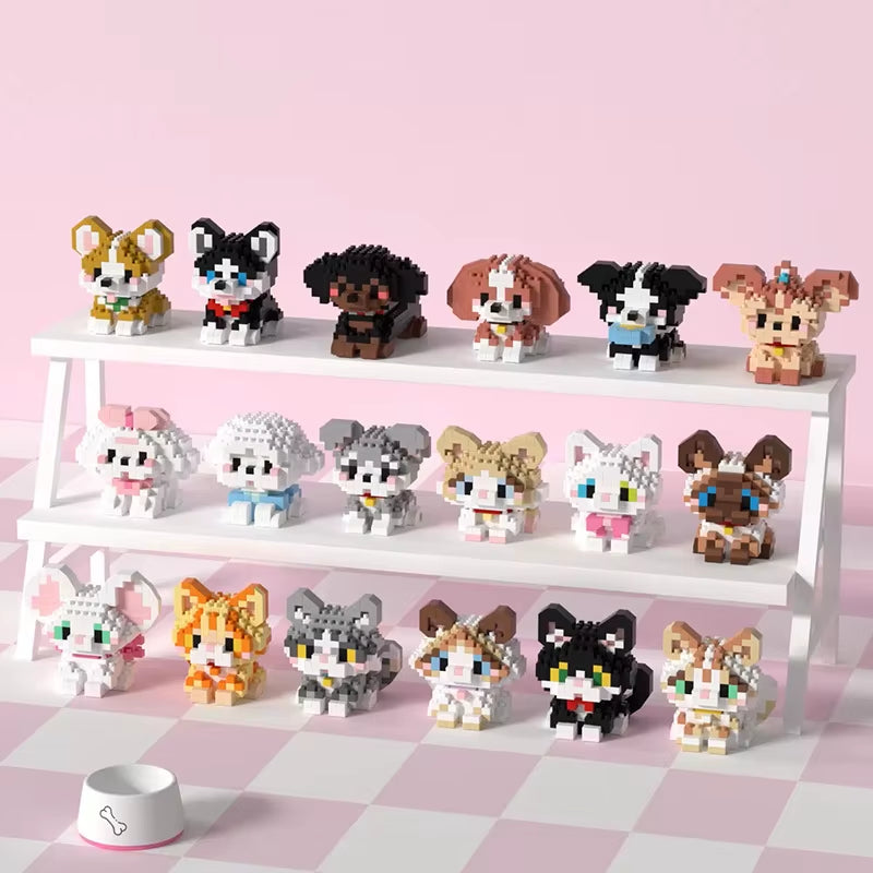 Mini pet micro particle building blocks set featuring cats and dogs displayed together