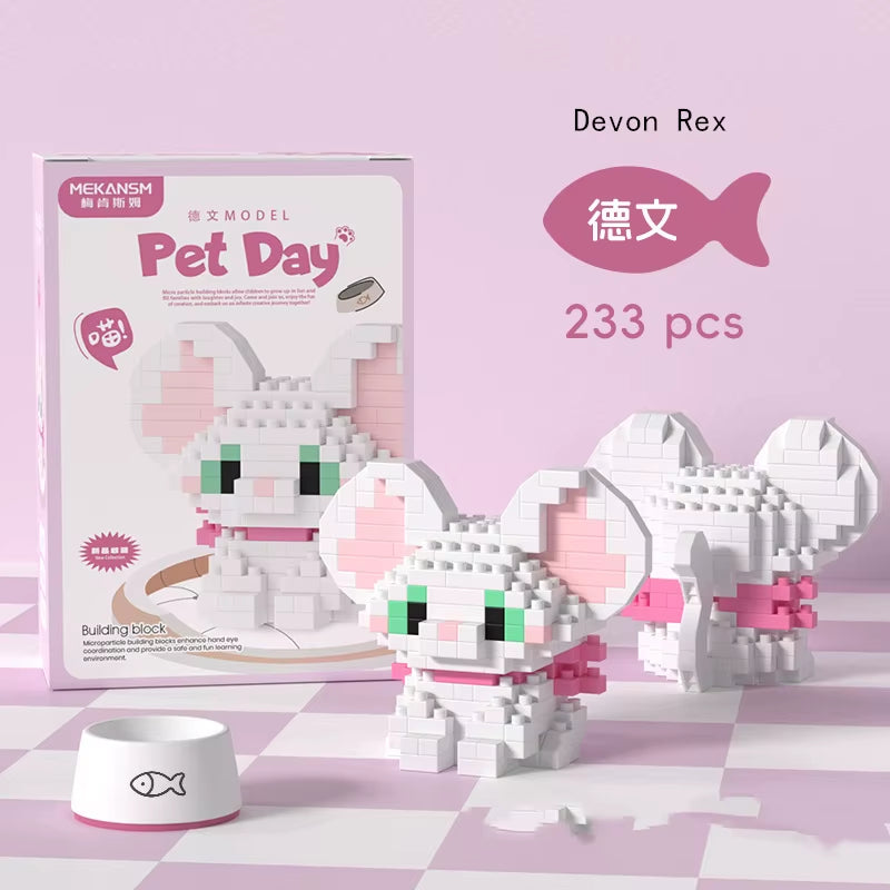 Ragdoll, Siamese, Corgi, and Husky micro brick figures lined up together