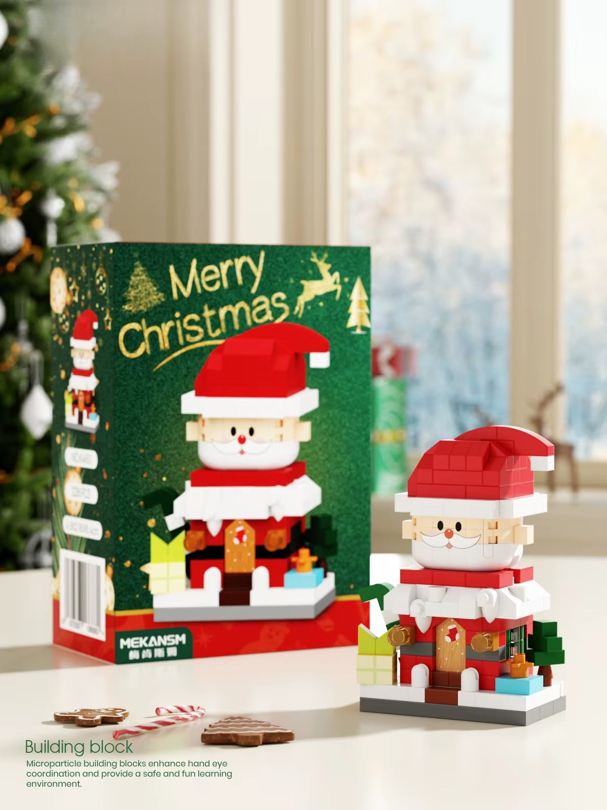 Mini Santa building block set displayed with Christmas gift box in cozy holiday home setting