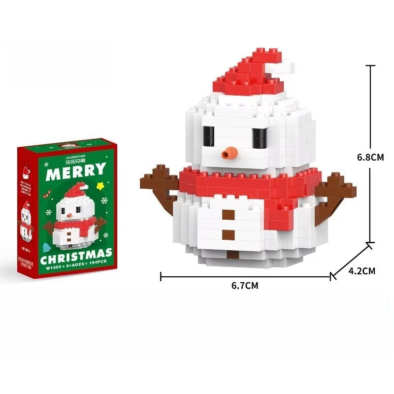 Mini snowman building block set dimensions showing 6.8cm height with Christmas gift box packaging