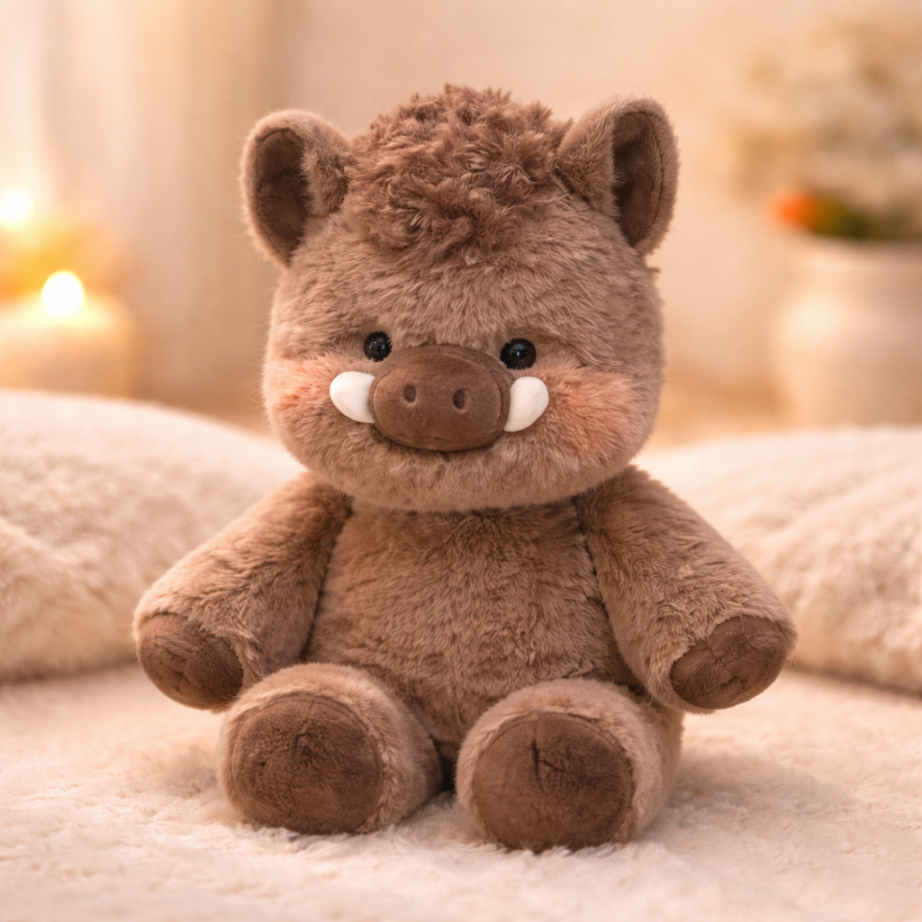 Mochi Zoomies brown plush toy sitting on a cozy surface, soft emotional support stuffed animal for comfort and cuddling