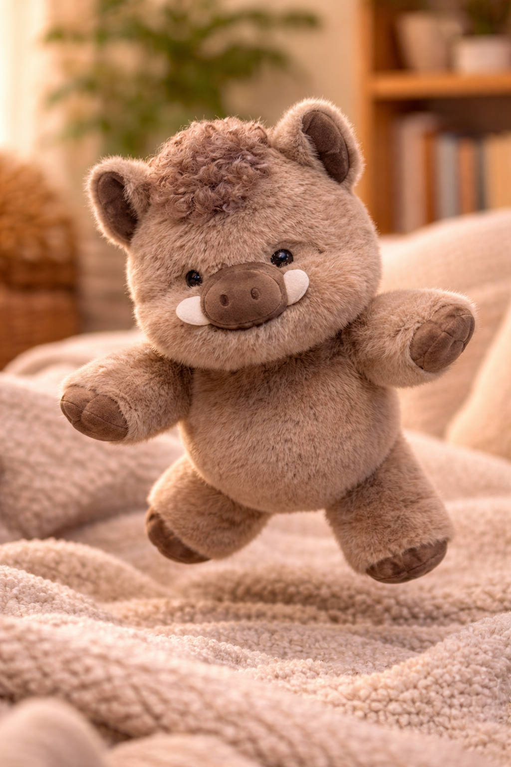 Mochi Zoomies plush jumping on a cozy bed indoors, soft cute stuffed animal full of playful energy and comforting cuddles
