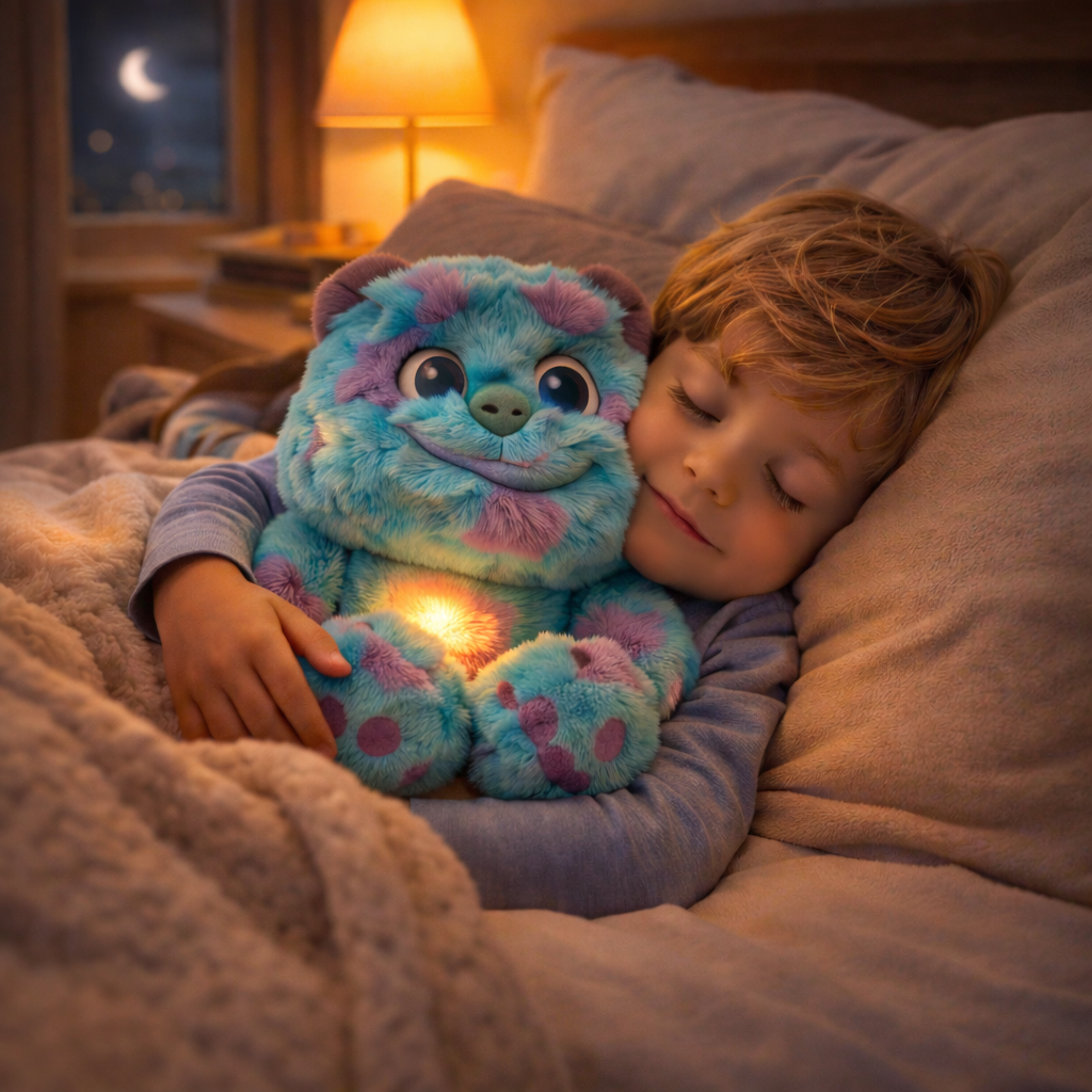 Monsters Inc breathing plush used as a comforting sleep toy at night