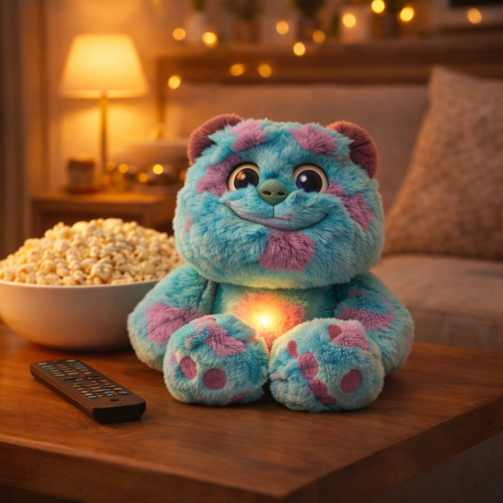 Monsters Inc plush toy showing gentle breathing motion to calm kids at bedtime