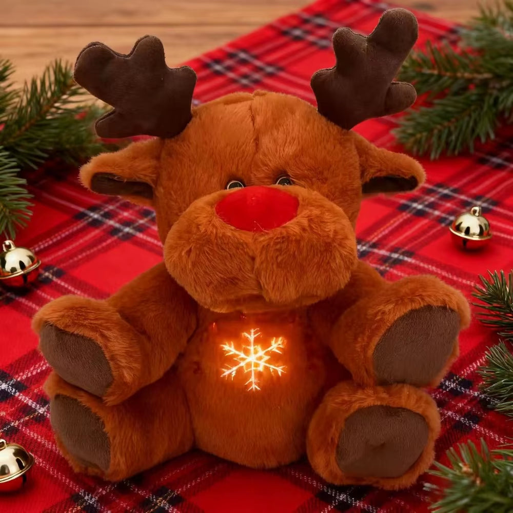Light-up moose plush toy styled as Christmas holiday decor