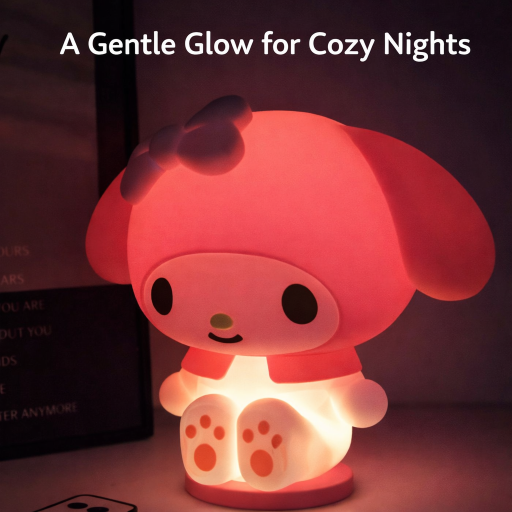 Portable My Melody night light being held in hands with a gentle glow