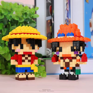 Close-up of detailed mini bricks forming One Piece–inspired figures