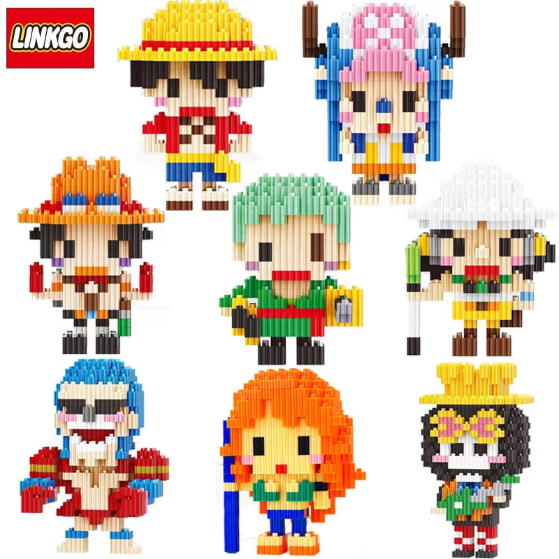 Mini One Piece–style brick models arranged neatly for display