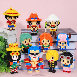 One Piece–inspired brick figures displayed together as a colorful collection