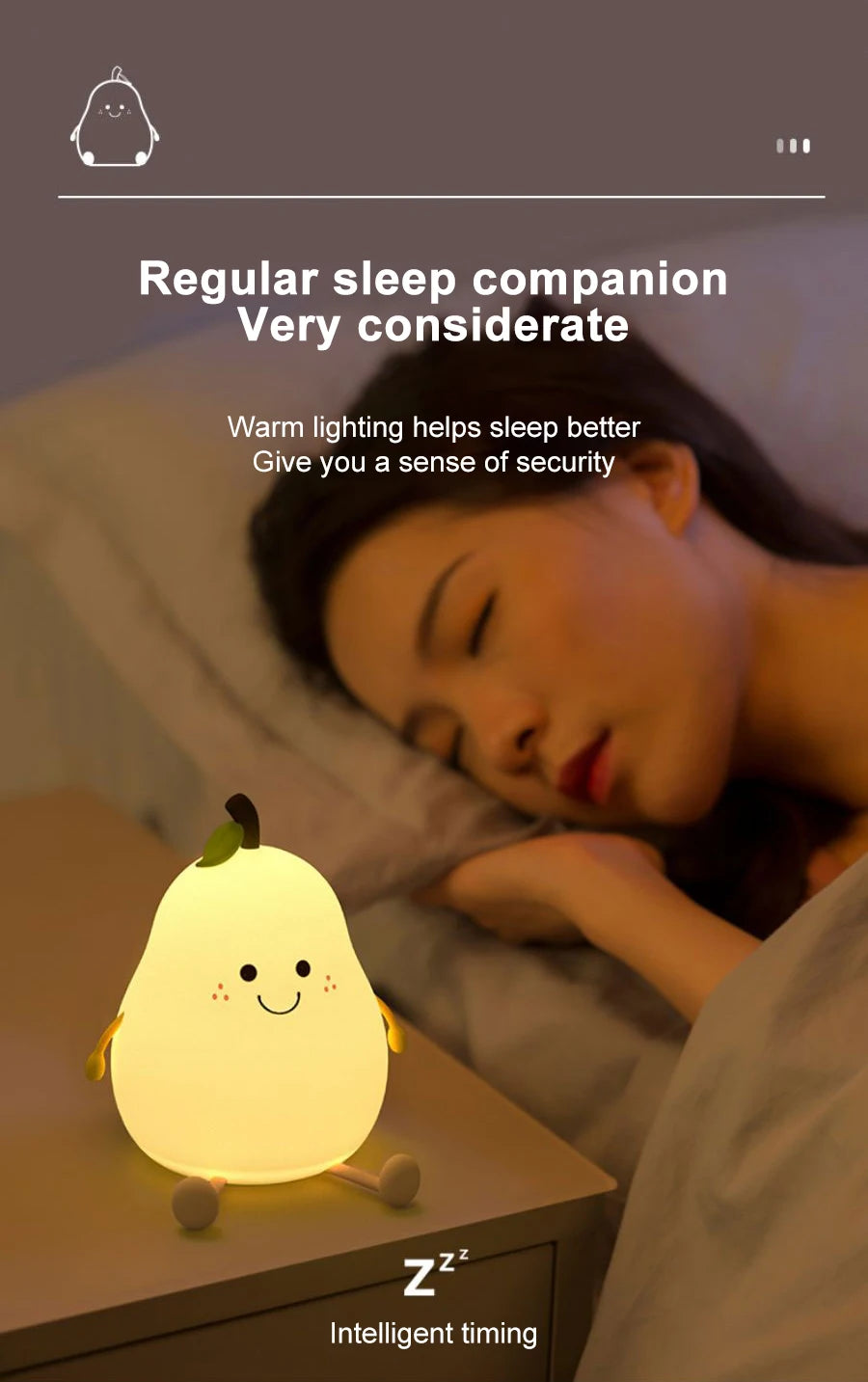 Pear night light placed on bedside table for nighttime lighting