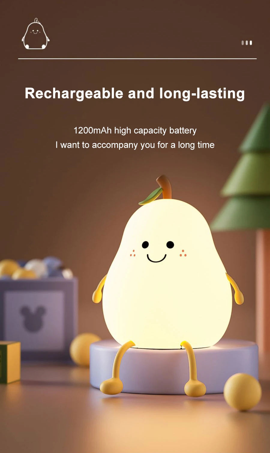 Rechargeable pear night light connected to charging cable