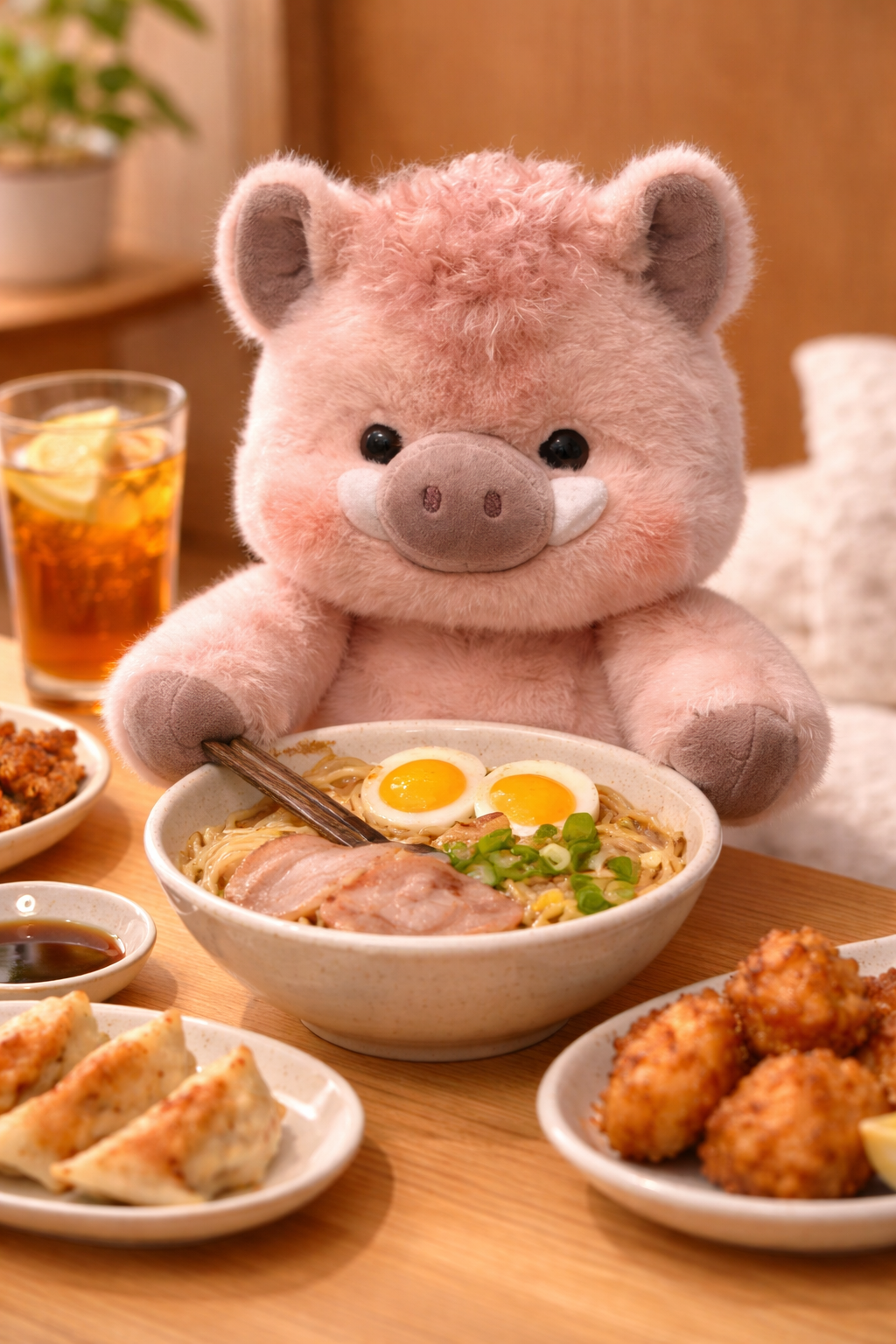 Pebble Zoomies plush pig sitting at a table eating ramen, cute soft stuffed animal in a cozy setting for comfort and relaxation