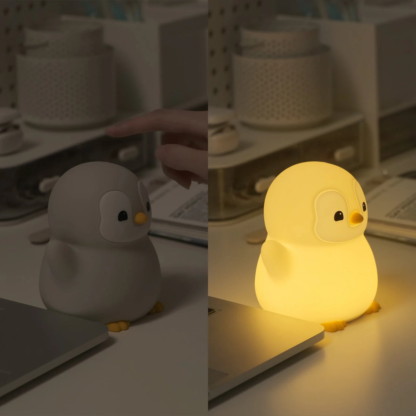 Penguin night light placed on a bedside table for nighttime lighting
