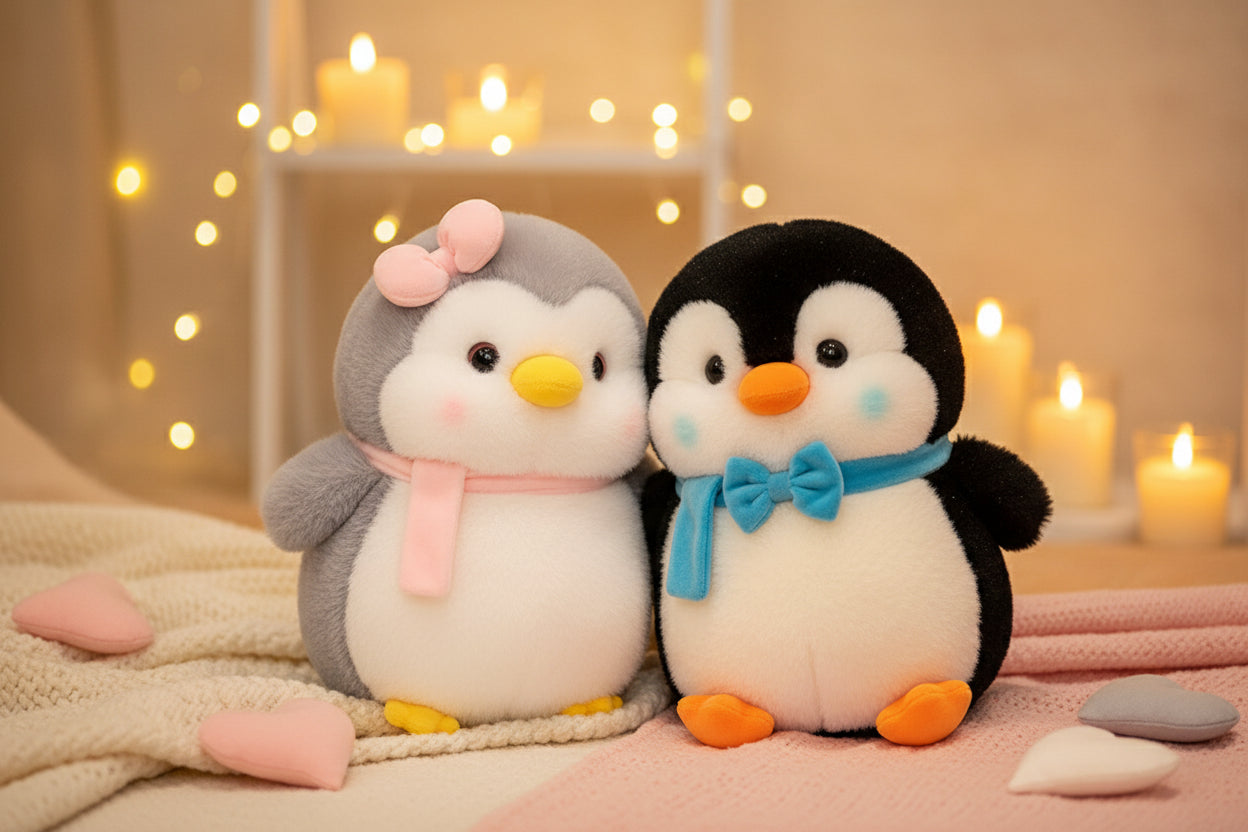 Penguin plush couple styled in a cozy and peaceful setting