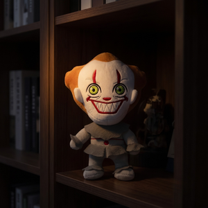 Pennywise IT horror clown plush displayed on a dark bookshelf